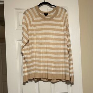 Tan and White Striped Crewneck Sweater